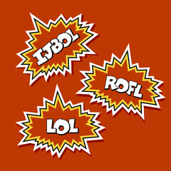 Set of vector stickers in red color in comic book and pop art style. LOL, IJBOL, ROFL phrases.