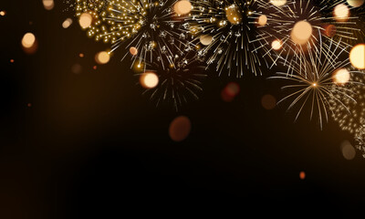 Fireworks vector background with bokeh. Gold New Year background with space for text.