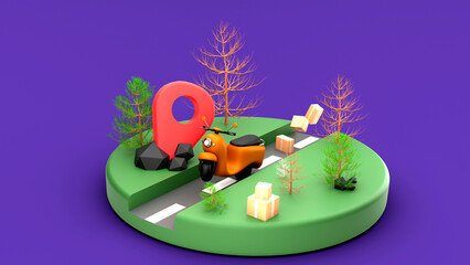 3d illustration Scooter with Box, Delivery Courier service, Time to shopping concept