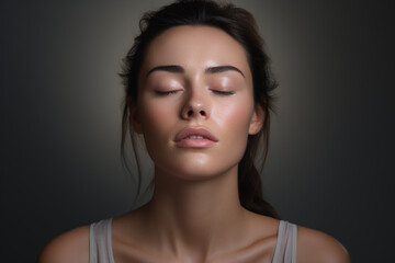 Fototapeta premium Beauty, make-up and style concept. Simply natural beautiful woman close-up studio portrait. Model dreaming with closed eyes. Generative AI