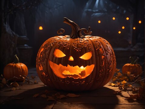 Creepy Halloween night scene with a group of spooky carved Jack o Lantern or scary pumpkins