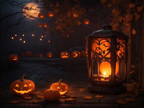 Creepy Halloween night scene with a group of spooky carved Jack o Lantern or scary pumpkins