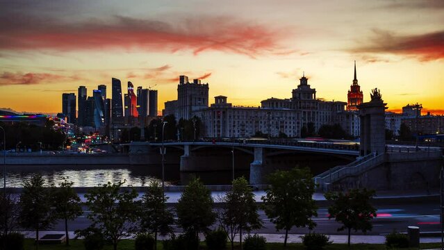 Amazing 4k 442 Time lapse in Moscow at sunset. Moving clouds over Moscow-city trade center. ProRes 422 LT 10 bit 4k