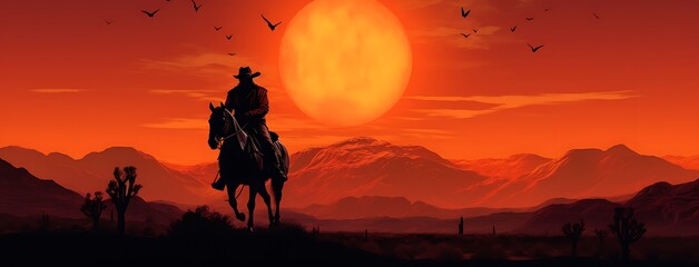 Cowboy on horseback at sunset. 3d render illustration.