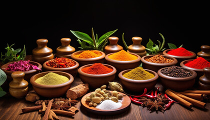 Colorful Spice Assortment in Wooden Table Bowls

