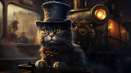 an original artwork featuring a Havana Brown cat on a vintage, steam-powered train