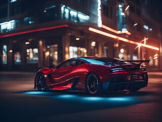 Fototapeta premium features a red and blue custom sport car with dazzling glowing light. created with generative ai technology 