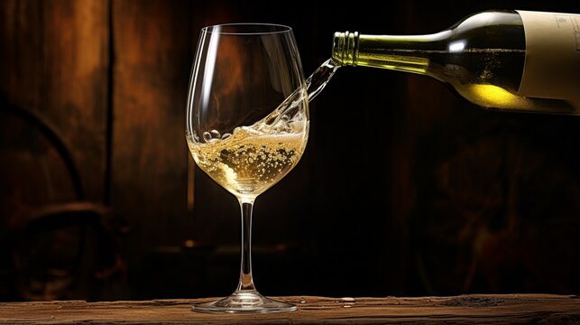 an original image of a wine glass capturing a pour of white wine at a rustic wine-tasting event