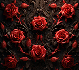 3d Abstract crimson roses on the dark background