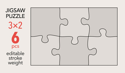 Empty jigsaw puzzle grid template, 3x2 shapes, 6 pieces. Separate matching irregularly elements. Flat vector illustration layout, every piece is a single shape. - obrazy, fototapety, plakaty