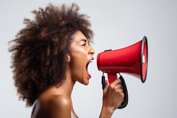 Young curly African woman shouting into a red megaphone on a white background. - obrazy, fototapety, plakaty