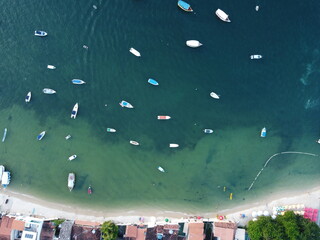Gamoba do Morro Beach, Sea and boats, Bahia,  Brazil aerial view
