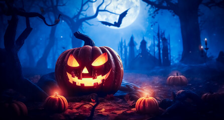 Fototapeta premium halloween, spooky scene with a pumpkin in a magical glow, in a night forbidden forest with a full moon,generative AI.