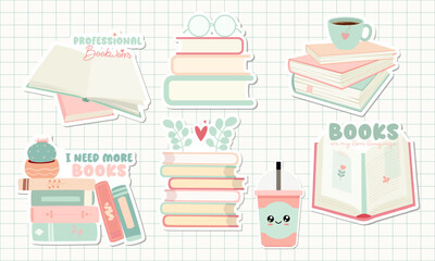 Set of Books Illustrations, Book Stickers with Shadow . Stacks of books. Read more books. Book Stickers with Shadow