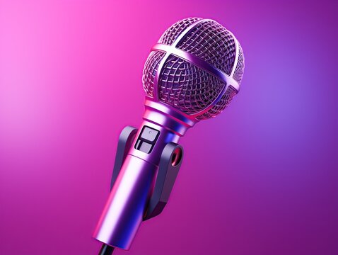 Microphone 3D illustration. Rock concert clip art isolated on violet background,Generative Ai 