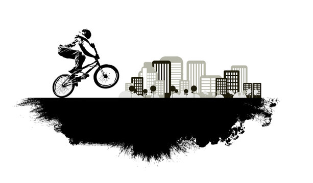 Active man. BMX rider in abstract sport landscape background, vector.