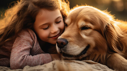 Pure Love: Young Girl Hugging Her Golden Retriever