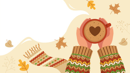 Hands in a sweater holding a cup of coffee.Cozy autumn.Autumn banner with copy space.Vector stock illustration.
