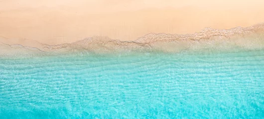 Crédence de cuisine en verre imprimé Turquoise Relaxing aerial beach, summer vacation tropical Mediterranean landscape banner. Waves surf amazing blue ocean lagoon, sea shore coastline. Beautiful aerial drone top view. Peaceful beach, seaside surf
