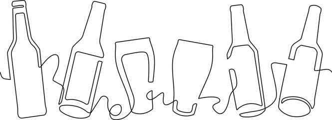 Horizontal seamless pattern with beer bottles and glasses isolated on white background. Vector illustration.