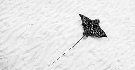 Artistic processing, portrait of beautiful Eagle Ray on sea sand waves ripples button. Abstract...