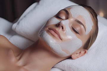 Spa therapy for woman receiving facial mask in beauty studio. - Powered by Adobe