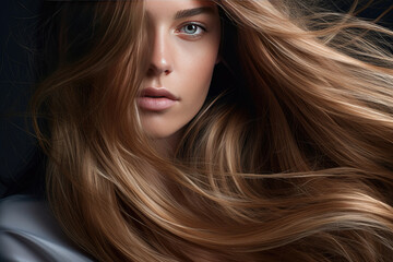 Fototapeta premium Portrait of a woman with luxurious silky hair looking into the camera.