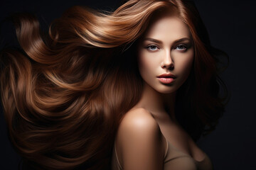 Portrait of a woman with luxurious brown silky hair looking into the camera.