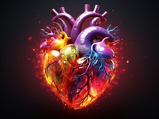 Colored human heart shape with energy bolts, 3D illustration, Generative Ai 