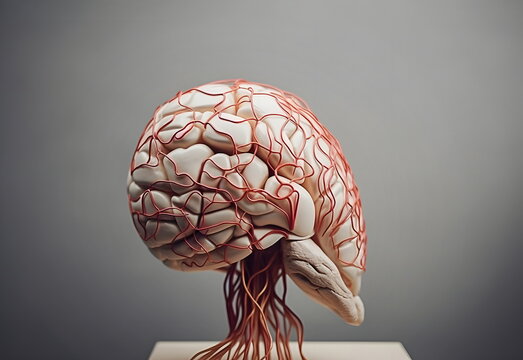Anatomical model of human brain with nervous and vascular system side view. Medicine and science.