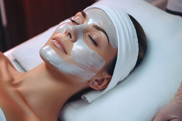 Spa therapy for woman receiving facial mask in beauty studio.