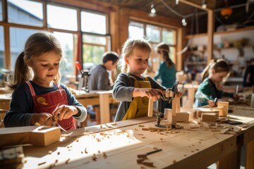 Children excitedly participating in a woodworking class, learning to use a hammer and nails to create their own projects on a sunny afternoon