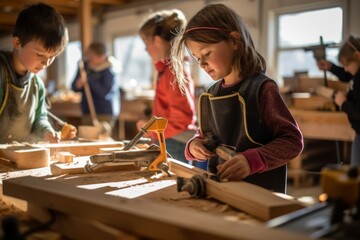 Children excitedly participating in a woodworking class, learning to use a hammer and nails to create their own projects on a sunny afternoon - obrazy, fototapety, plakaty