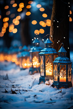 Gleaming snowflakes illuminated under the enchanting glow of a quiet winter night 