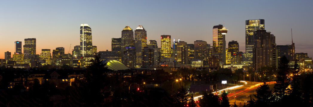 Panoramic Night Scene Of The Skyline Of Calgary; Calgary, Alberta, Canada