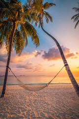 Best most amazing travel landscape. Wellbeing inspire sunset beach leisure hammock coconut palm tree. Fantastic sea sky horizon. Amazing tropical panoramic vacation island tranquil peace coast sunrise - obrazy, fototapety, plakaty
