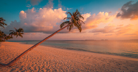 Best most exotic travel landscape. Majestic sunset beach. Coconut palm tree silhouettes, fantastic...