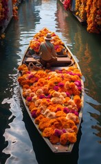 Obraz premium A colorful boat filled with vibrant flowers floating peacefully down a serene river