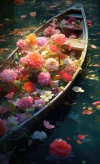 Obraz premium A vibrant floral boat floating on calm water