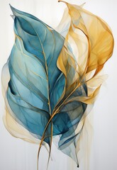 A vibrant blue and yellow leaf painting