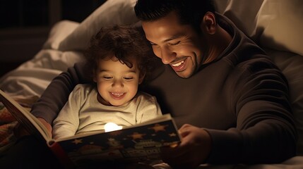 Fototapeta na wymiar Happy father and child reading book together. Parental love. Dad and his baby. Happy Father's men’s Day!
