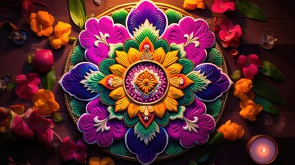 Rangoli colorful vibrant symbol of Diwali celebration background. Great indian festival of lights concept. Round Floral Ornament for greeting card design, wallpaper. - obrazy, fototapety, plakaty