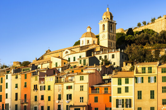 Golden Buildings At Sunrise; Porto Venere, Liguria, Italy