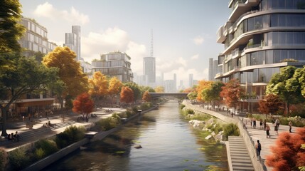 a picturesque urban riverbank scene with a blend of modern buildings and scenic beauty - obrazy, fototapety, plakaty