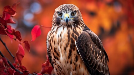 a portrait of a red-tailed hawk against a backdrop of autumn leaves