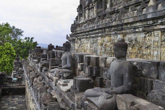 Buddha Statues On A Gallery Of Candi Borubudur, Borobudur Temple Compounds, Central Java, Indonesia