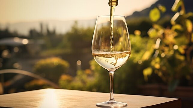 a romantic and inviting picture of a wine glass being filled with white wine on an outdoor terrace
