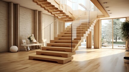 image that exudes the elegance of a modern ash wood staircase within the interior of a new house.