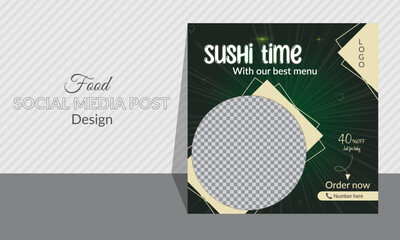 Sushi social media post design. Seafood and sushi design for restaurant and hotels. Healthy and delicious sushi advertisement, discount offer. Clean, editable. Unique geometric shapes and layout.