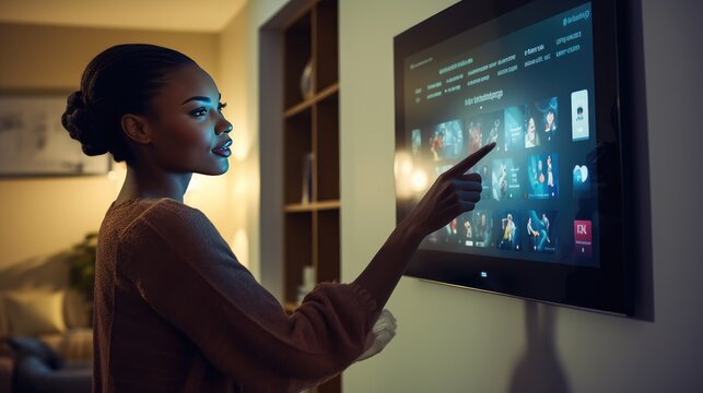 young African woman using a touch screen to control and monitor her home's energy security system, which is displayed on a wall-mounted device. - Powered by Adobe